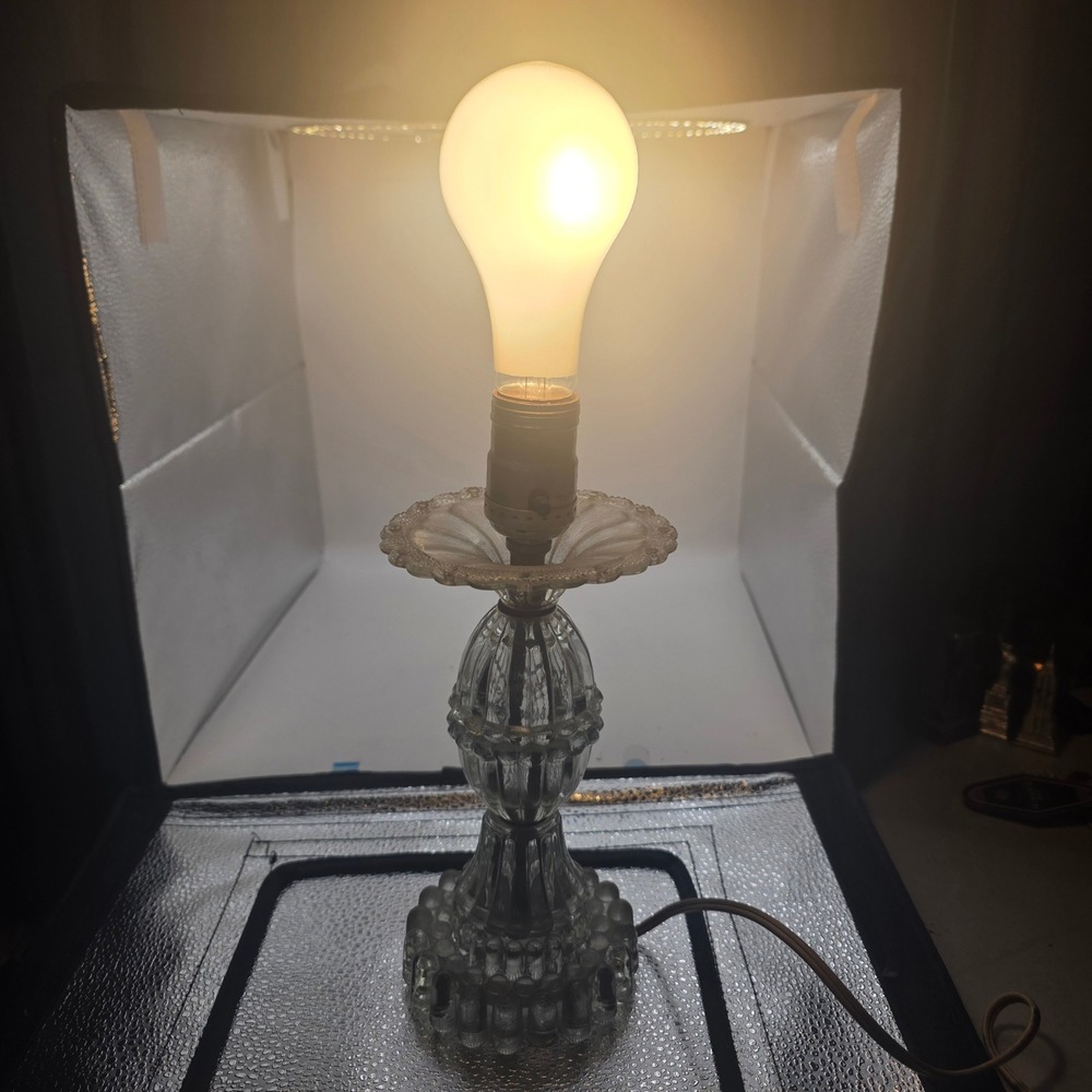 Vintage Clear Pressed Glass Boudoir Table Lamp Hobnail Beaded Base Works